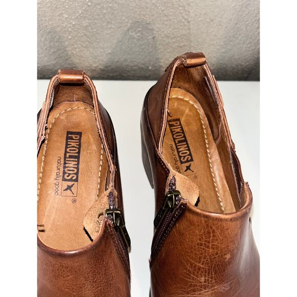 Pikolinos Baqueira Cognac Leather Ankle Booties 36 5.5–6 Stacked Heel Zip Casual - Picture 5 of 11